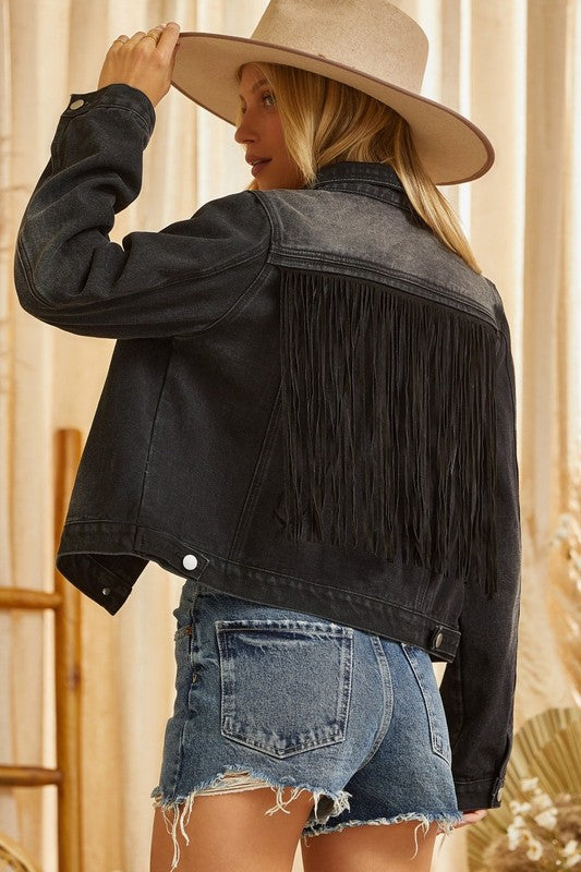 Black faded denim fringe jacket ImageBoutique